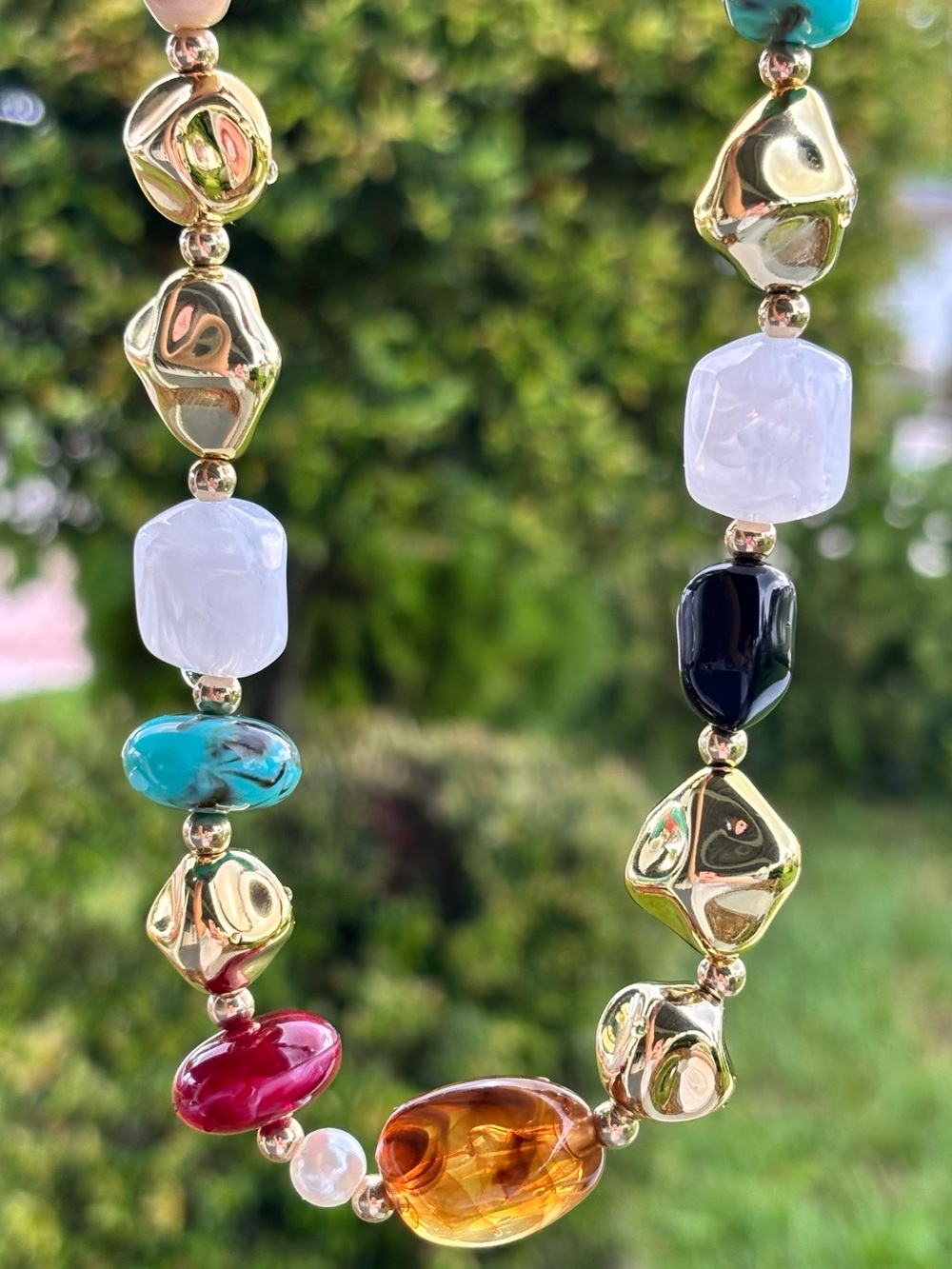 Multicolor Gemstone & Gold Bead Necklace - Women Jewelry